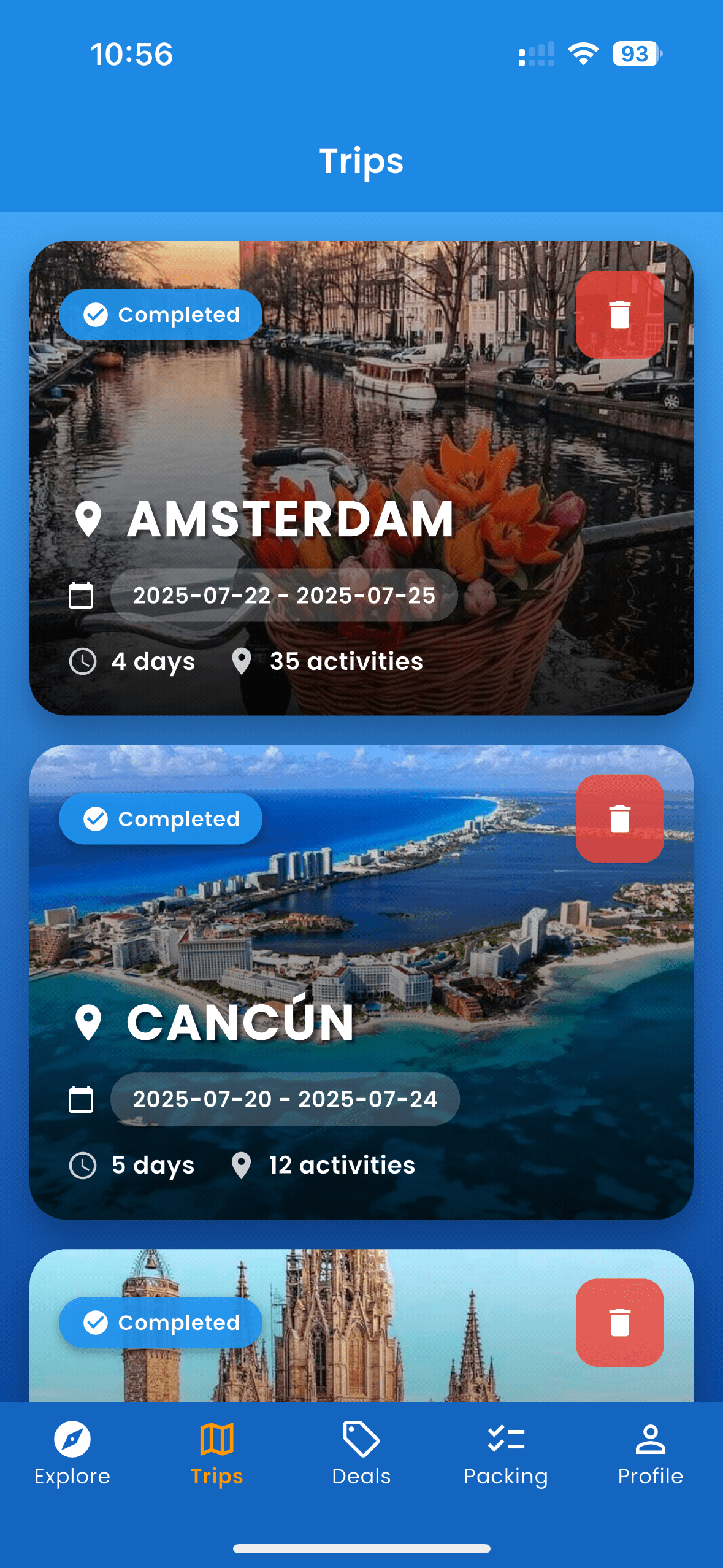 Travel Planner Routly AI list of past travels